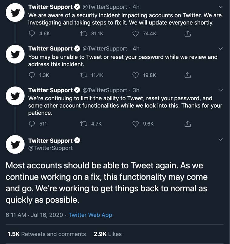 Tweets by Twitter Support on the Incident