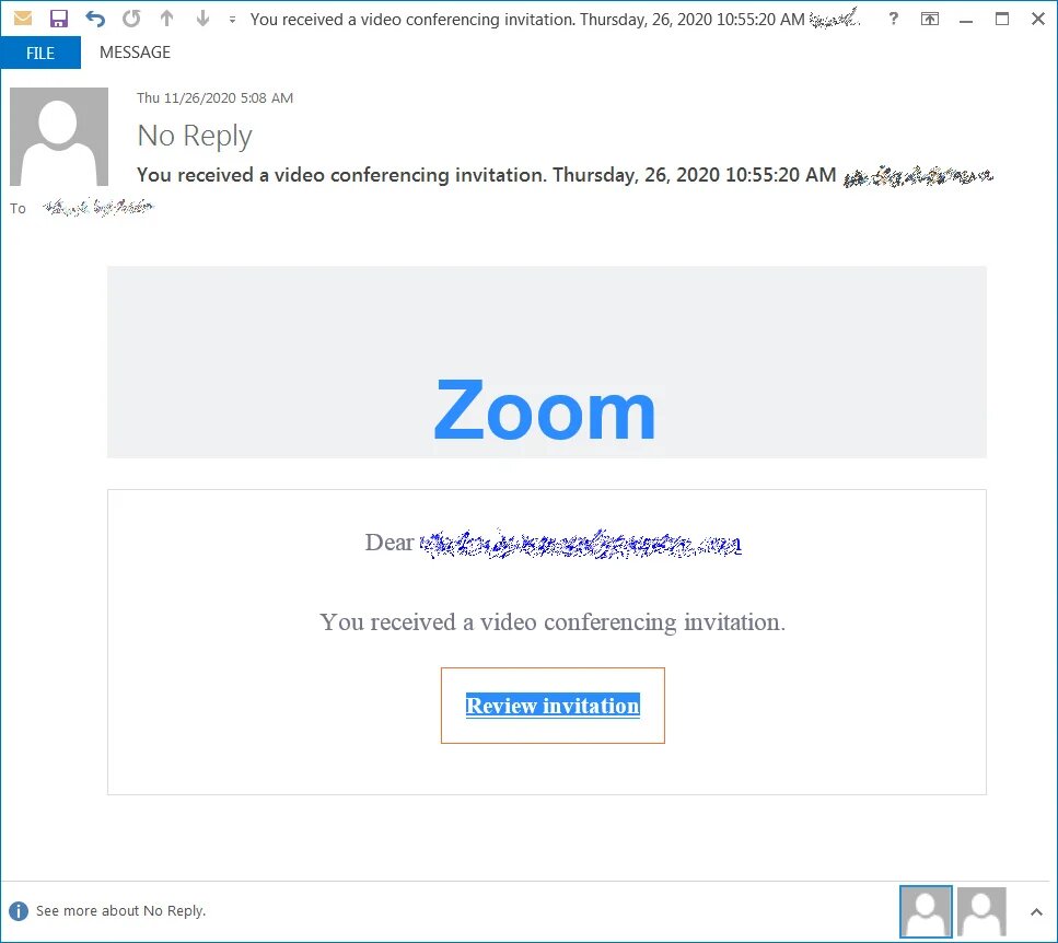 Phishing email pretending to be Zoom invite