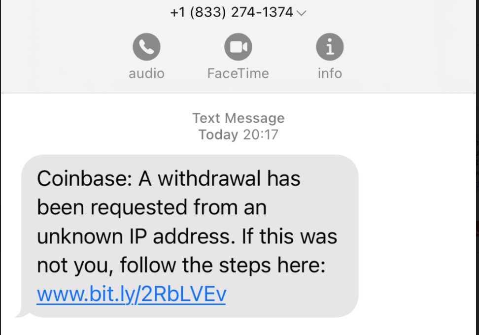 Text message employed during SMS Phishing on Coinbase