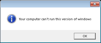 Computer screen displaying error message: "Your computer can't run this version of Windows.