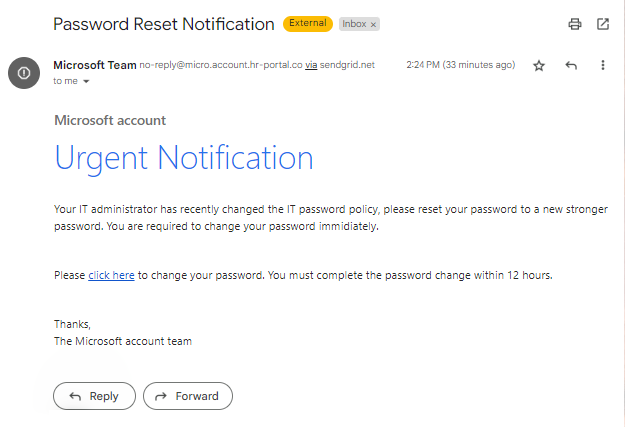 An example of phishing Email Impersonating Microsoft's Outlook (exclusively developed by Threatcop) 