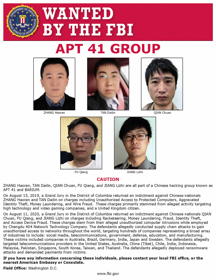 APT41 Hackers listed by FBI in Wanted list